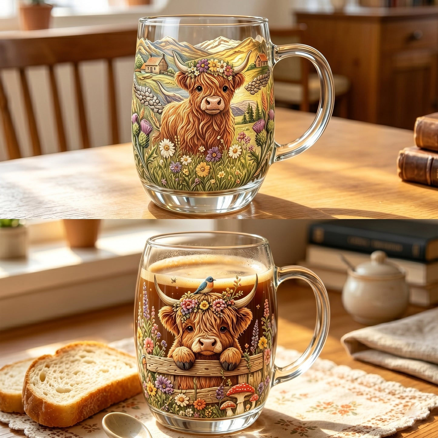 💐☕Hand-painted Highland Cow Glass