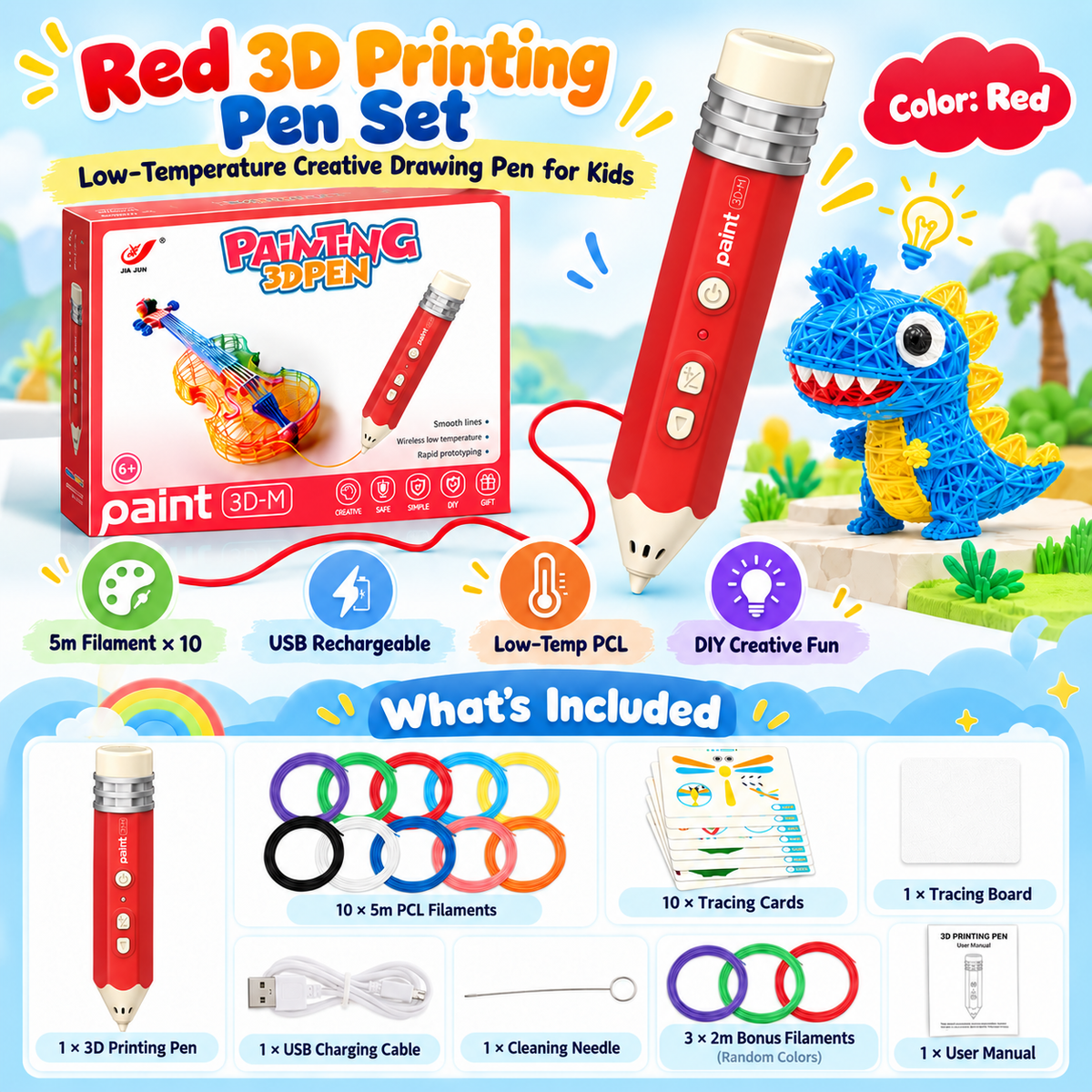 🎨 Kids Low-Temperature 3D Printing Pen Kit – Draw, Build & Create in 3D