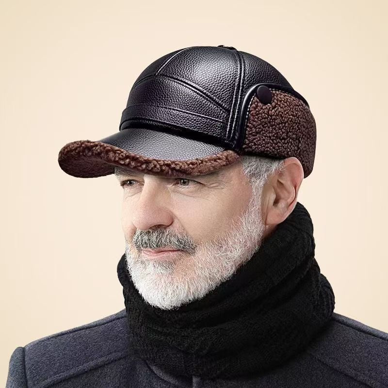 🧢🐂New Men's Winter Hat with Sheepskin Flat Top Earmuffs