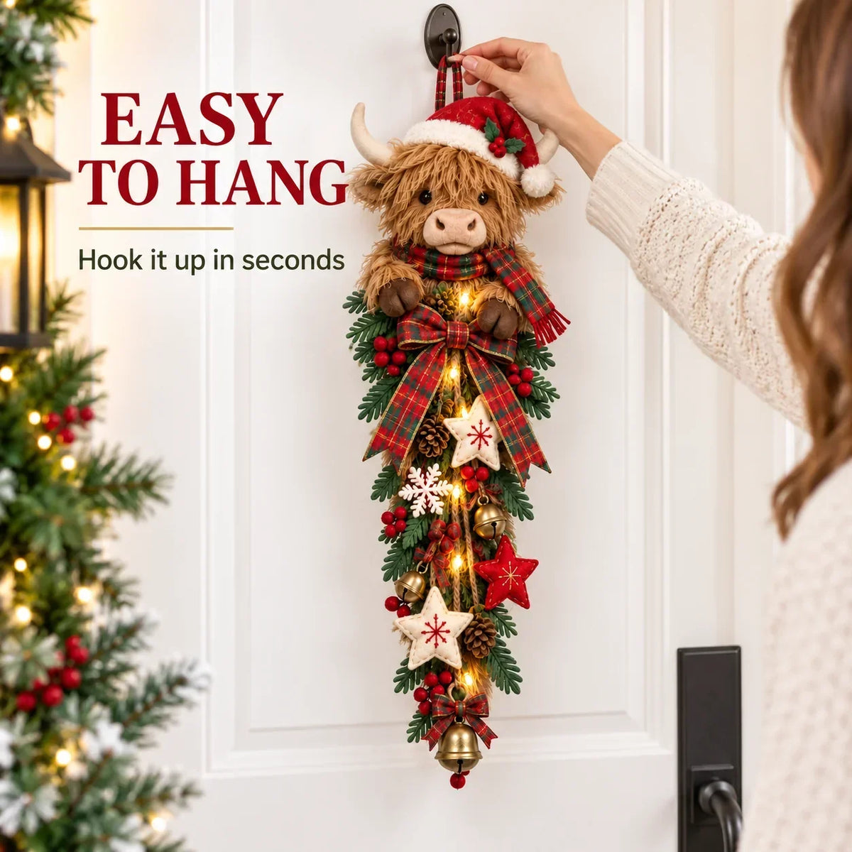 ๐ Lighted Highland Cow Christmas Door Swag โ A Cozy Holiday Welcome