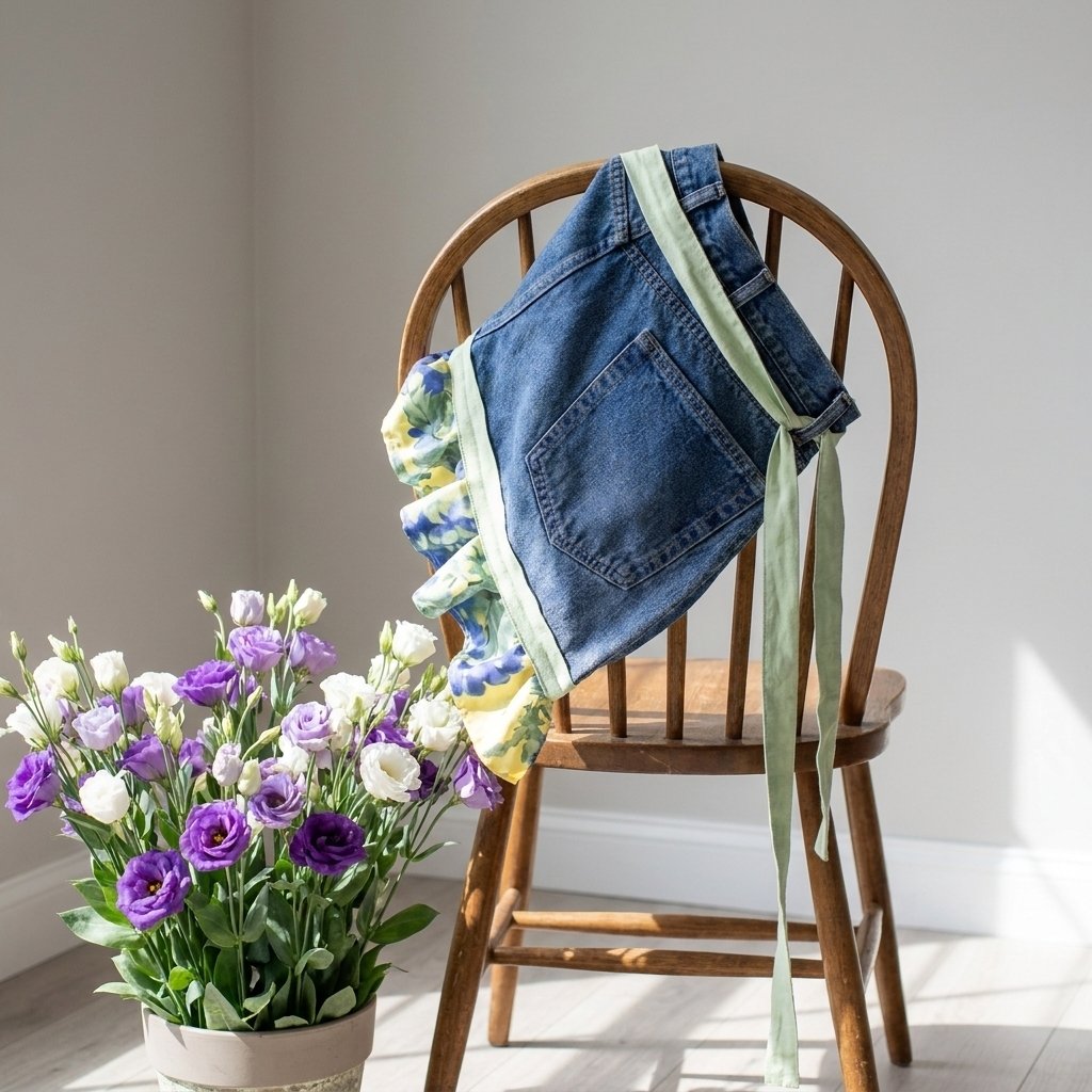 👖 Denim Echo Ruffle Apron – Upcycled Vintage Jean with Floral Lace 🌸 Sustainable Kitchen & Gardening Gift 🧑🌾♻️