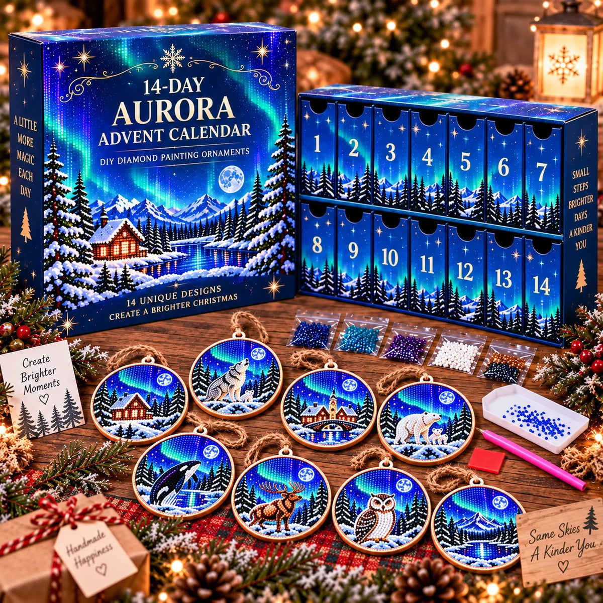 ๐ 14-Day Aurora Diamond Painting Advent Calendar โ DIY Wooden Christmas Ornament Kit
