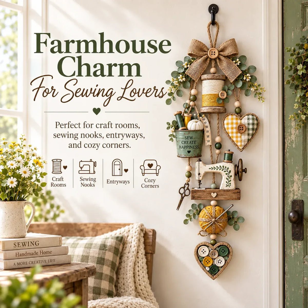 🧵✨ Rustic Wooden Sewing - Themed Hanging Ornament With Remote Control Fairy Lights