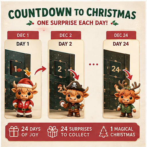Highland Cow Advent Calendar 2026 โ 24-Day Christmas Countdown with Cute Highland Cow Figurines