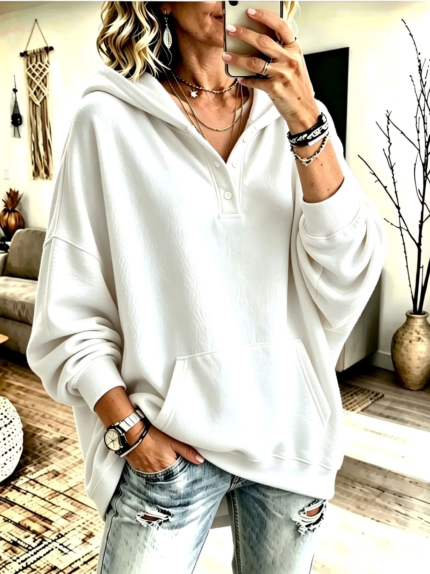 2026 New Cross-Border European And American Independent Station Women'S Hooded Sweatshirt Autumn And Winter Loose Solid Color Casual Long-Sleeved Tops For Women