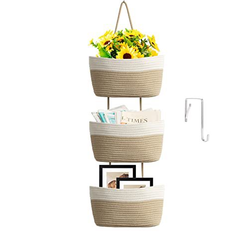 🎁Free 4 hooks included 🧺Woven cotton 3-Tier Over the Door Basket, Wall-Mounted Jute Storage Organizer🔥
