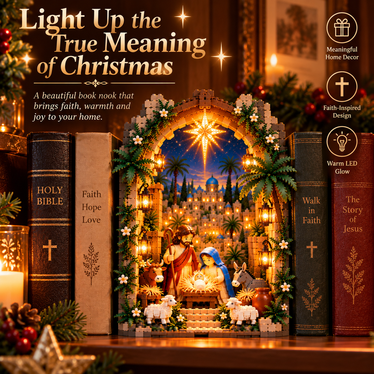 ✨ Lighted Bethlehem Nativity Book Nook – Christmas Building Block Display of Faith
