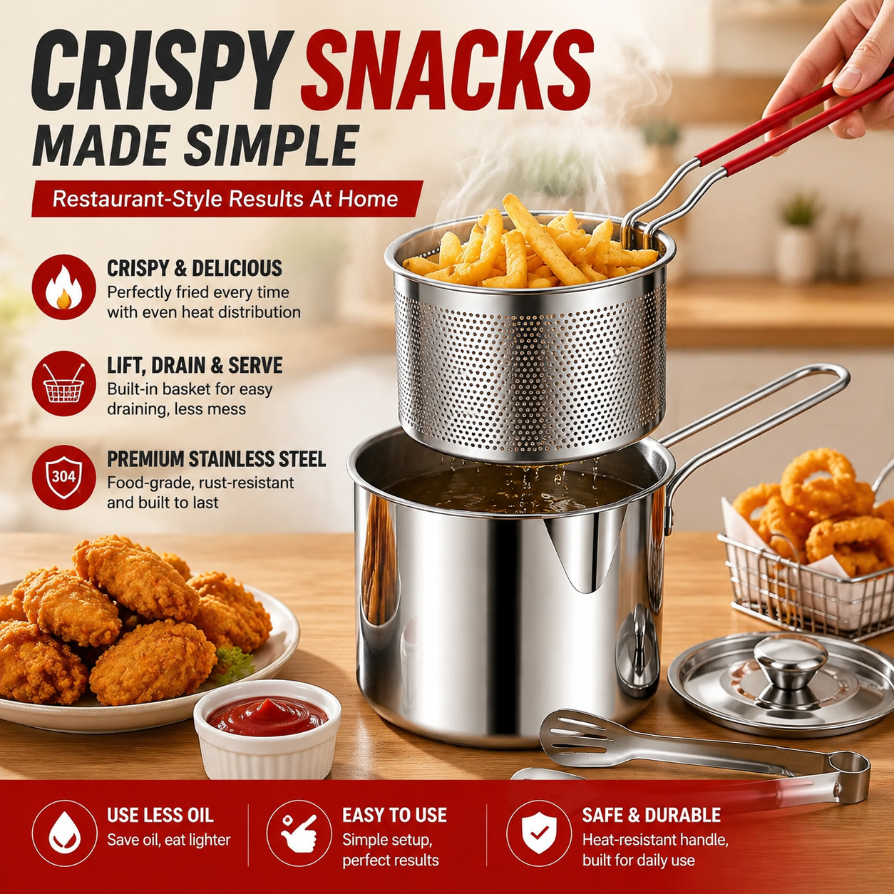 2026🔥🍟 Personal Mini Deep Fryer Set – Stainless Steel Pot with Lift-Out Draining Basket & Food Tongs