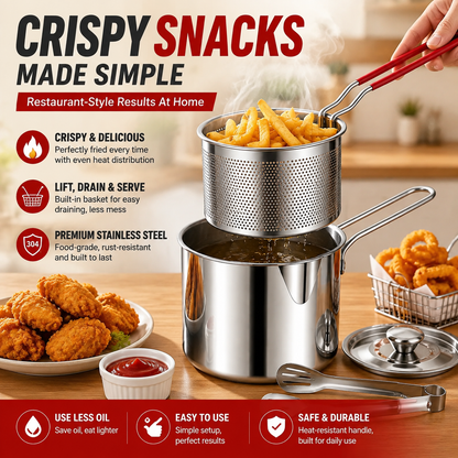 2026🔥🍟 Personal Mini Deep Fryer Set – Stainless Steel Pot with Lift-Out Draining Basket & Food Tongs