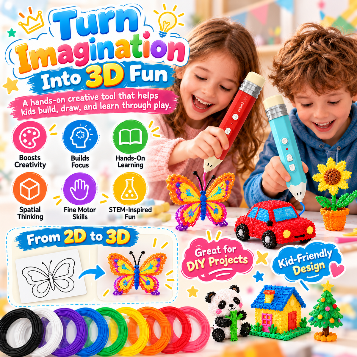 🎨 Kids Low-Temperature 3D Printing Pen Kit – Draw, Build & Create in 3D