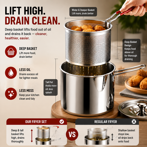 2026🔥🍟 Personal Mini Deep Fryer Set – Stainless Steel Pot with Lift-Out Draining Basket & Food Tongs