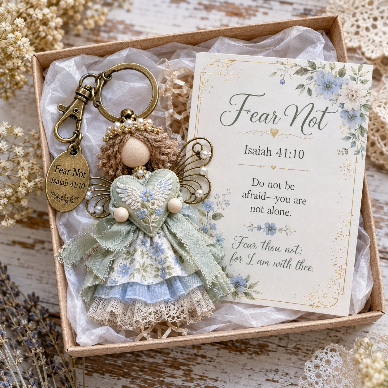 🪽 Faith Guardian Keychain Scripture Gift Set Collection | Layered Fabric Charm, Inspirational Scripture Card & Ready-to-Gift Box Included 💕