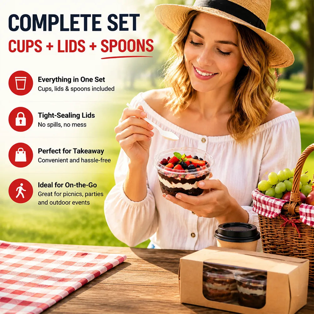 🍨 100 Pack Clear Dessert Cups with Lids & Spoons