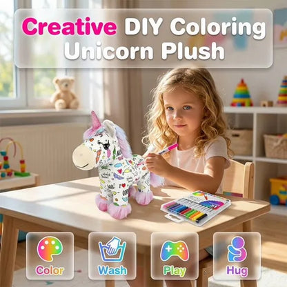 🦄 DIY Coloring Unicorn Plush Kit – Reusable Stuffed Animal Craft Set with 12 Washable Markers, Kids Gift for Ages 3–8, Birthday & Holiday Presents