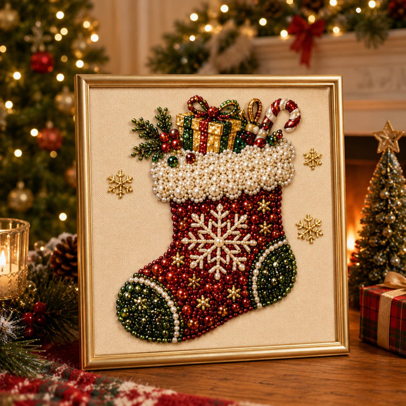 🎄🎅 Premium 3D Pearl Christmas Wall Art Kit | Luxury Flocked Canvas with Scratch-Resistant Non-Fading Pearl Beads DIY Holiday Decor⛄️❄️