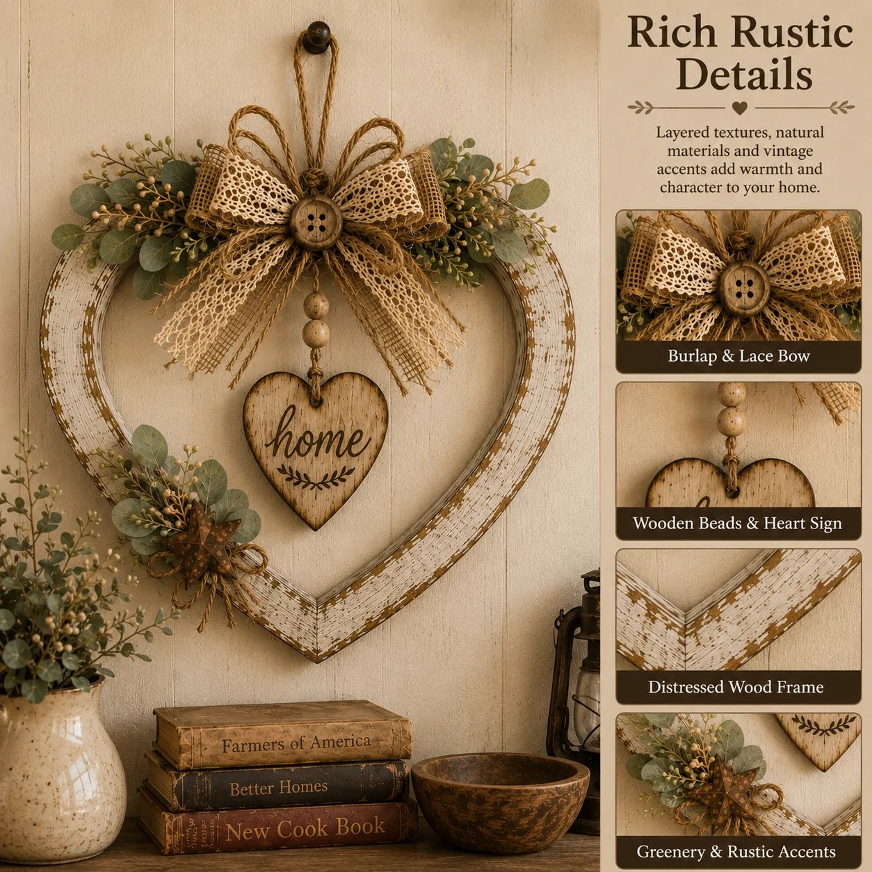 🤎Rustic Farmhouse Heart Wall Decor with “Home” Sign