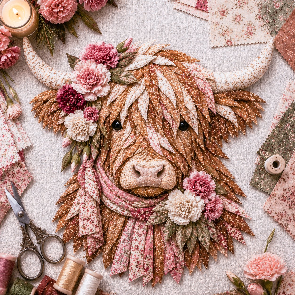 ⏰LAST DAY 49% OFF - 🐮💐🌸 Birth Flower Highland Cow 3D Layered Fabric Art DIY Kit | Complete Kit Included ✂️ Pre-Cut Pieces • Glue or Stitch Your Way • Create a Cozy 3D Highland Cow Decor 💕