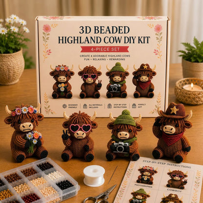 3D Highland Cow DIY Bead Kit – 4 Adorable Handmade Cow Designs Craft Set