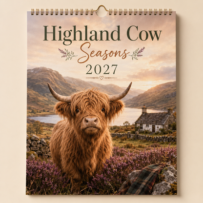 Highland Cow Seasons 2027 Wall Calendar – Seasonal Countryside Artwork & Monthly Planner | Gift for Highland Cow Lovers