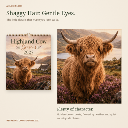 Highland Cow Seasons 2027 Wall Calendar – Seasonal Countryside Artwork & Monthly Planner | Gift for Highland Cow Lovers