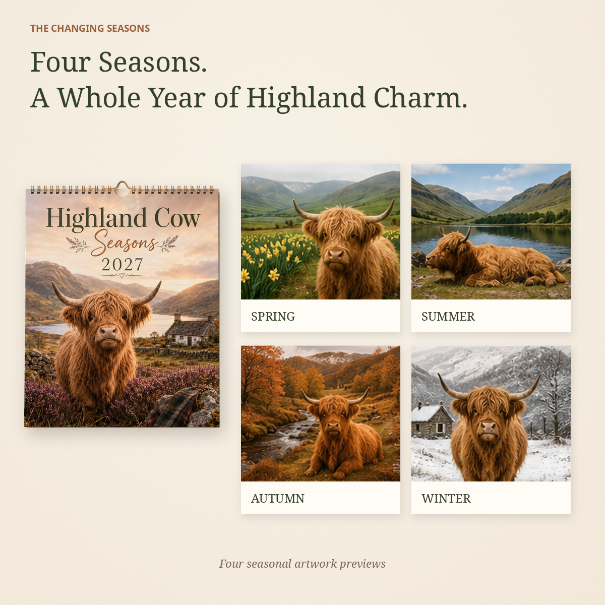 Highland Cow Seasons 2027 Wall Calendar – Seasonal Countryside Artwork & Monthly Planner | Gift for Highland Cow Lovers