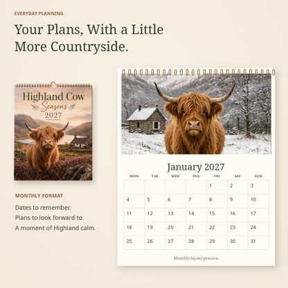 Highland Cow Seasons 2027 Wall Calendar – Seasonal Countryside Artwork & Monthly Planner | Gift for Highland Cow Lovers