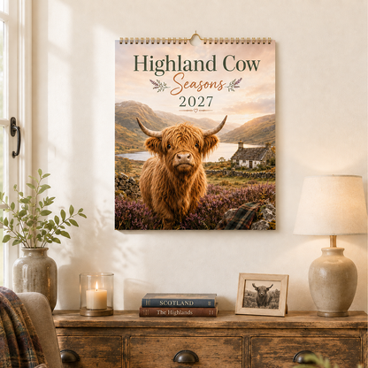 Highland Cow Seasons 2027 Wall Calendar – Seasonal Countryside Artwork & Monthly Planner | Gift for Highland Cow Lovers