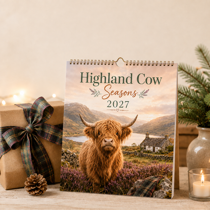 Highland Cow Seasons 2027 Wall Calendar – Seasonal Countryside Artwork & Monthly Planner | Gift for Highland Cow Lovers