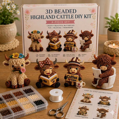 3D Highland Cow DIY Bead Kit – 4 Adorable Handmade Cow Designs Craft Set