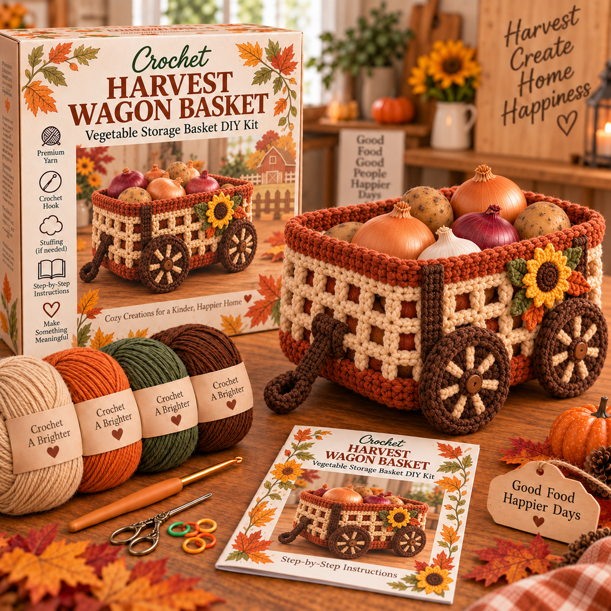 🍂🧶 Harvest Basket Crochet DIY Kit – Charming Vegetable Storage & Fall Décor