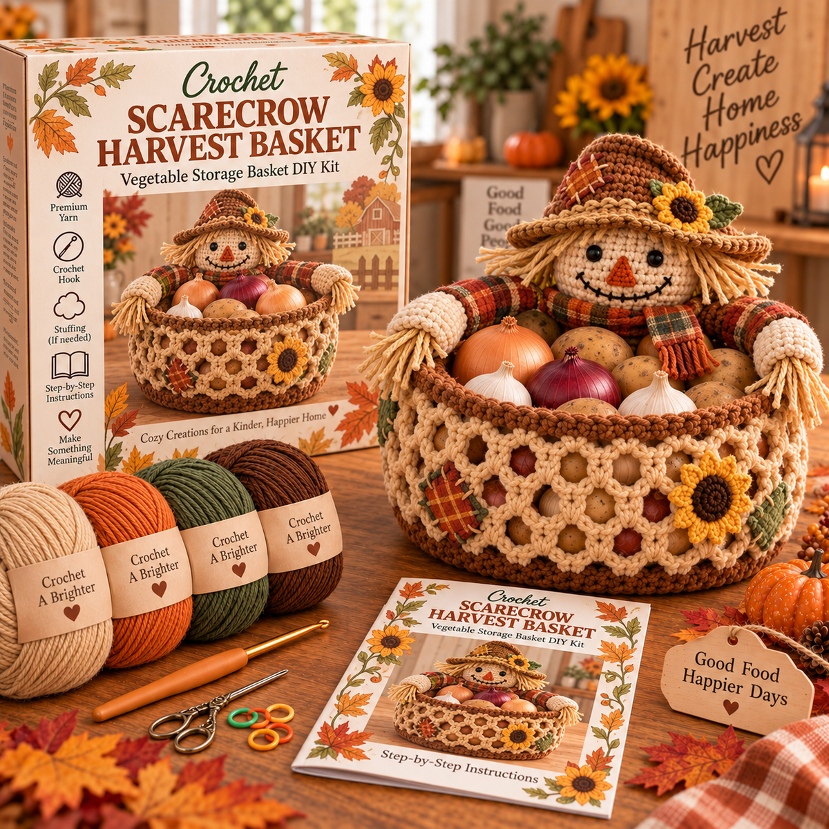 🍂🧶 Harvest Basket Crochet DIY Kit – Charming Vegetable Storage & Fall Décor