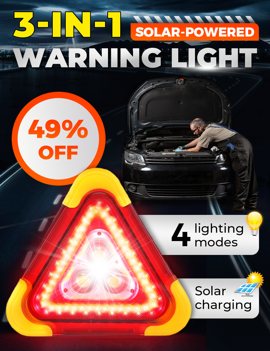 ⏰ LIMITED TIME 50% OFF! 🔥 2-IN-1 Solar Emergency Triangle Warning Light at the Roadside