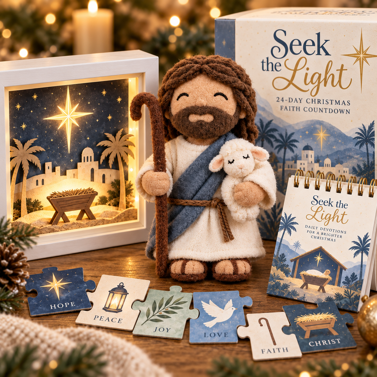 Soft shepherd inspired Christmas character holding a lamb