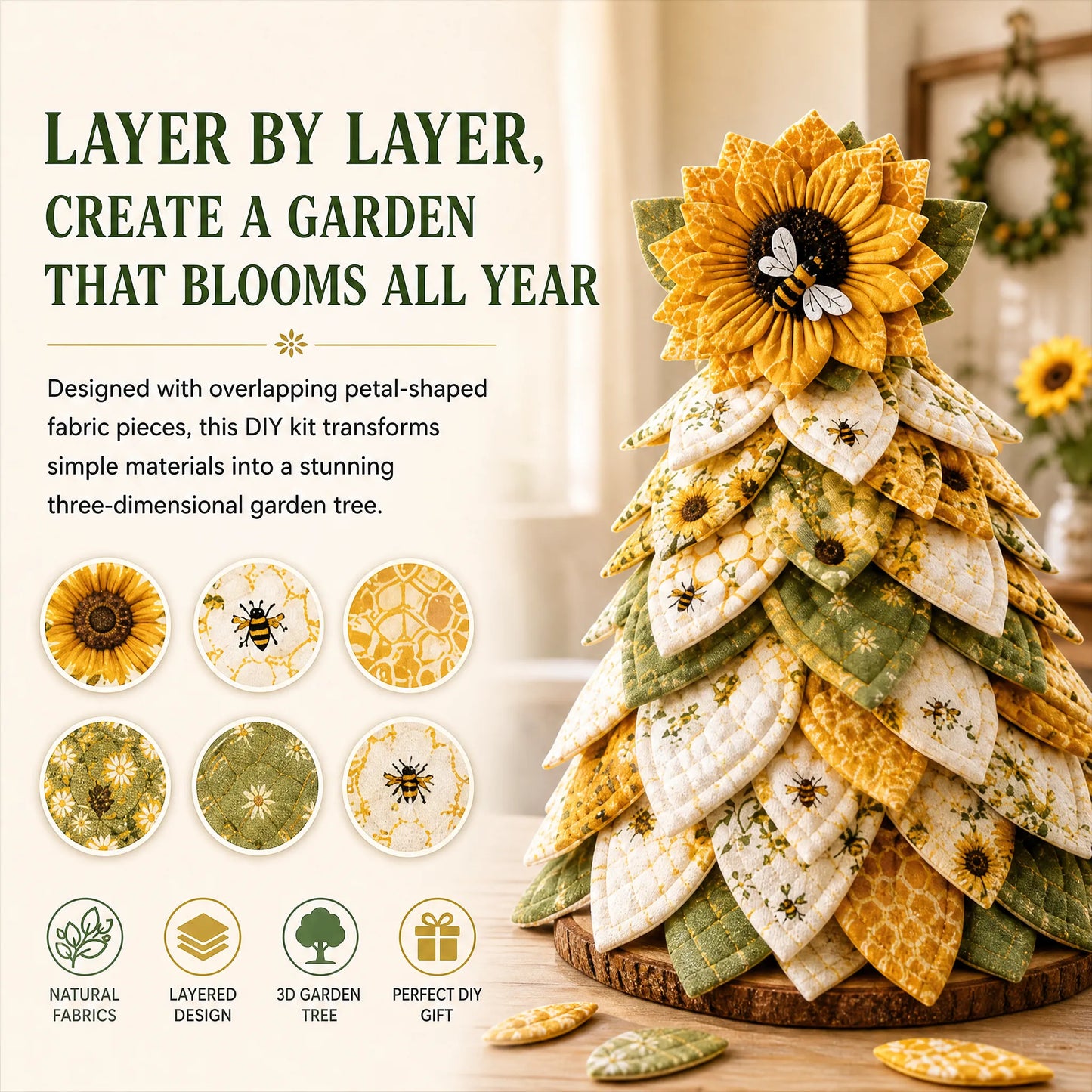 🔥🌻Sunflower Bee Garden Tree DIY Kit-Handmade Fabric Tabletop Tree Decor
