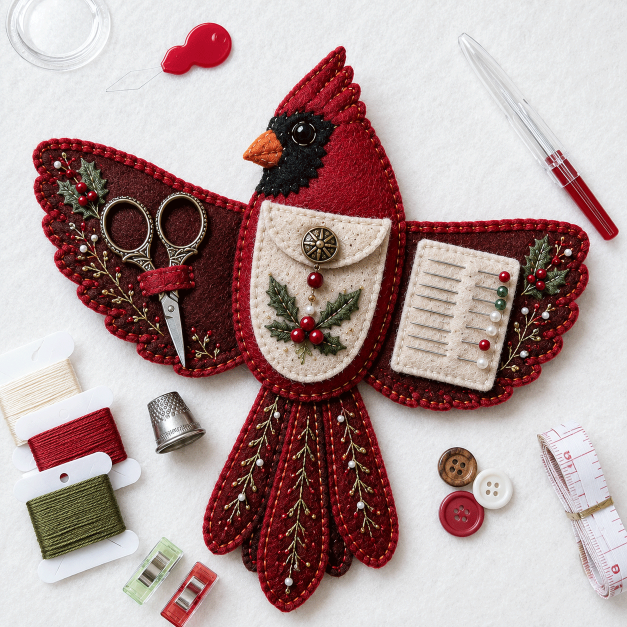 🐦 Bird-Shaped Felt Sewing Organizer DIY Kit - Cardinal