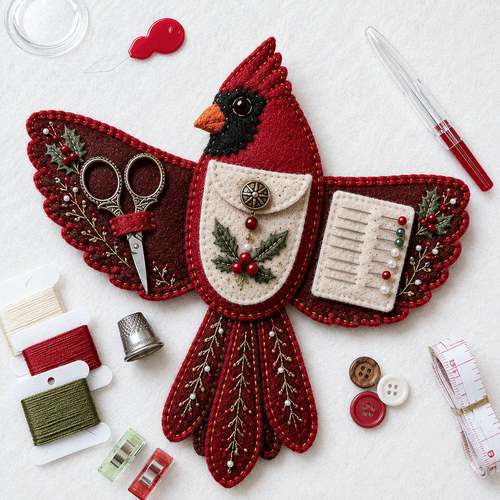 🐦 Bird-Shaped Felt Sewing Organizer DIY Kit - Cardinal