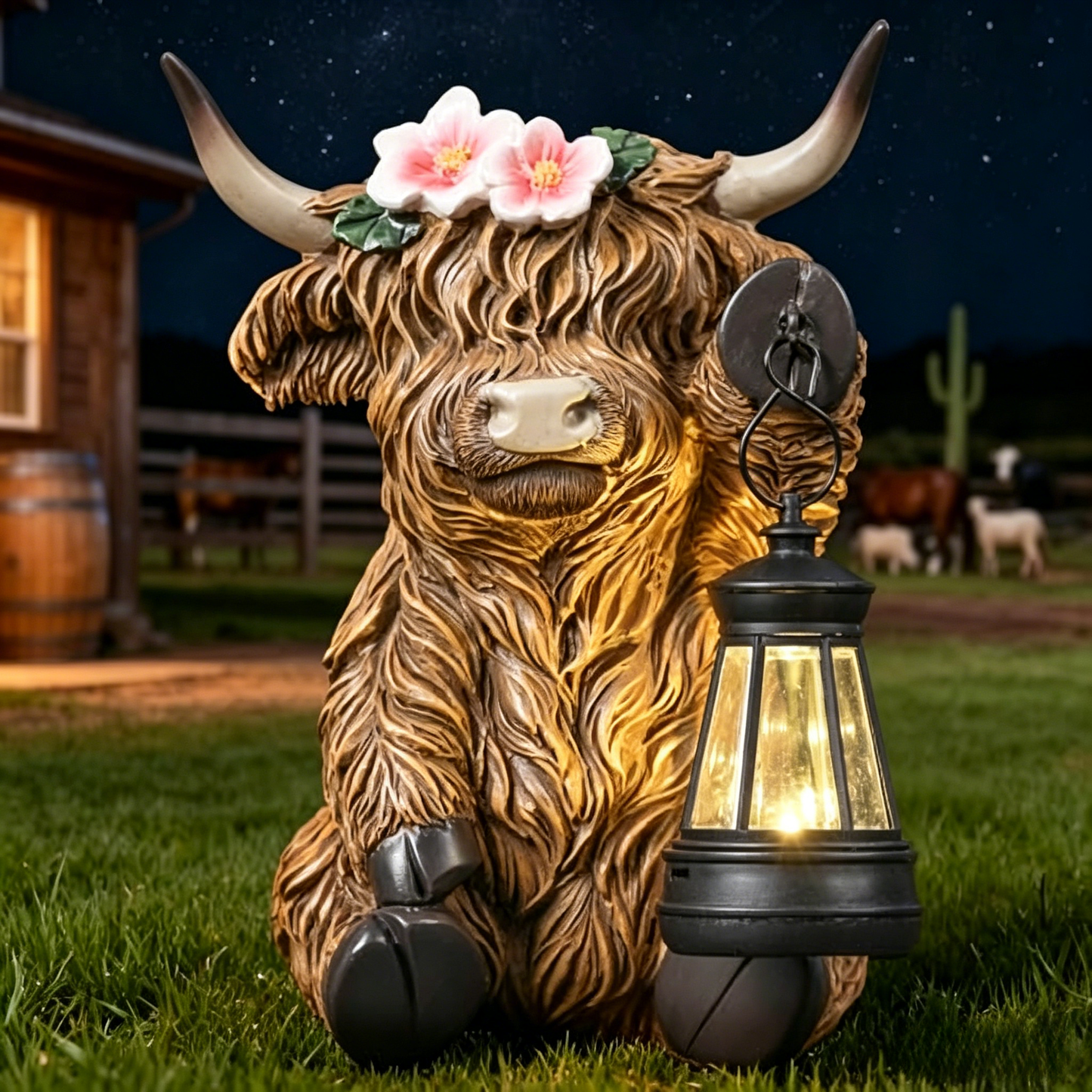 Scottish Fluffy Cow Solar Garden Lantern, Farmhouse Resin Sculpture with Amber LED, Weatherproof, Rustic Farm Decor Gift