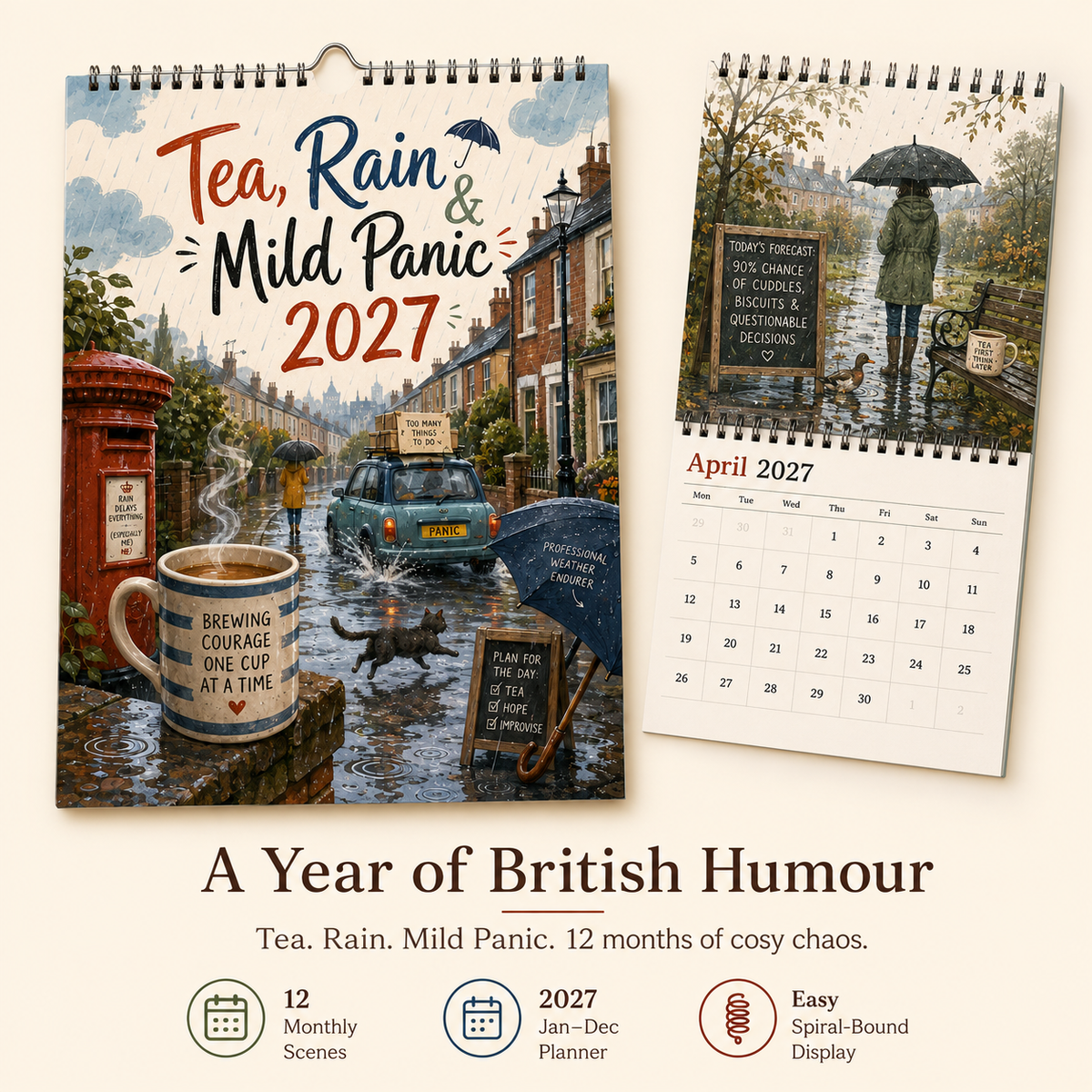 Tea, Rain & Mild Panic 2027 Wall Calendar
