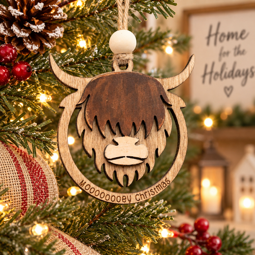 Highland Cow Wooden Christmas Ornament – Rustic Scottish Cow Tree Decoration | Funny Highland Cow Gift for Christmas