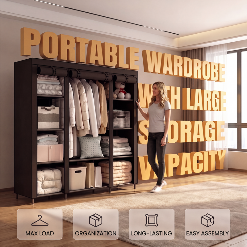 🧥49% OFF NOW! Easy‑to‑Assemble Portable Non‑Woven Fabric Wardrobe, Large‑Capacity Freestanding Closet, Sturdy Frame, Multi‑Compartment Storage for Clothes, Bedding & Household Items