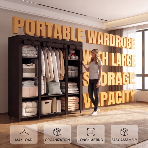 🧥49% OFF NOW! Easy‑to‑Assemble Portable Non‑Woven Fabric Wardrobe, Large‑Capacity Freestanding Closet, Sturdy Frame, Multi‑Compartment Storage for Clothes, Bedding & Household Items