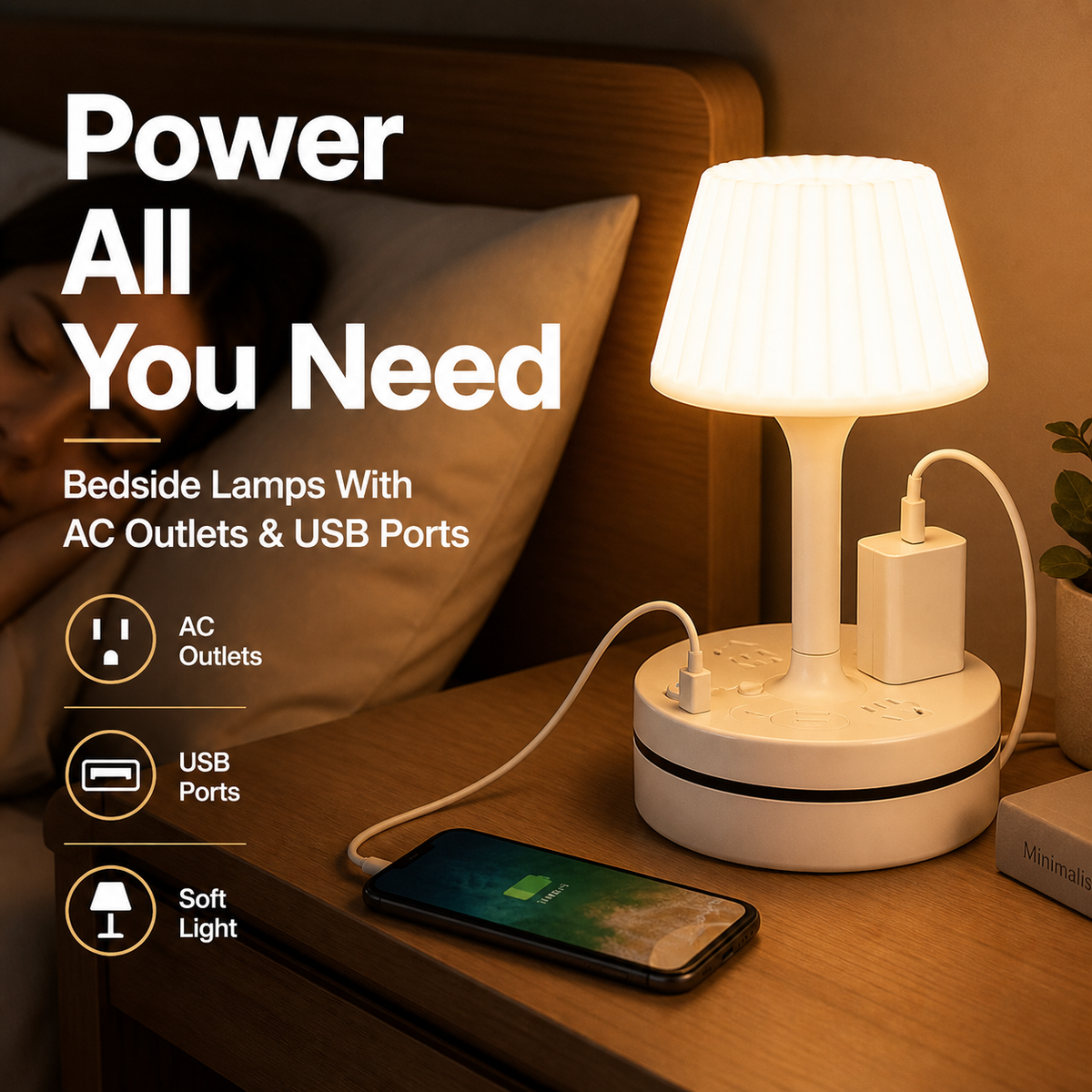 💡 Bedside Lamp with AC Outlets & USB Ports – Light, Charge & Power in One ✨