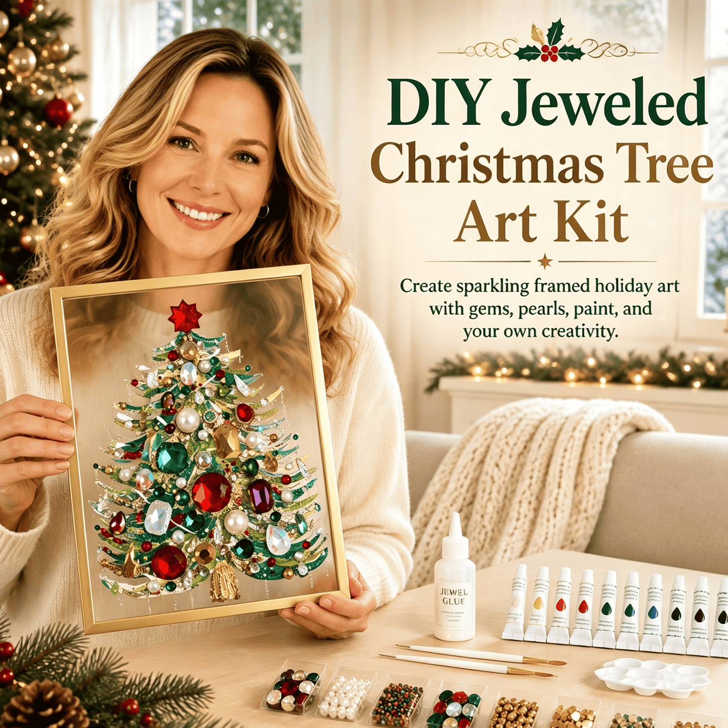 🎄 DIY Jeweled Christmas Tree Art Kit | Colorful Gems, Pearls, Paints & Gold-Tone Floating Display Frame 💎✨
