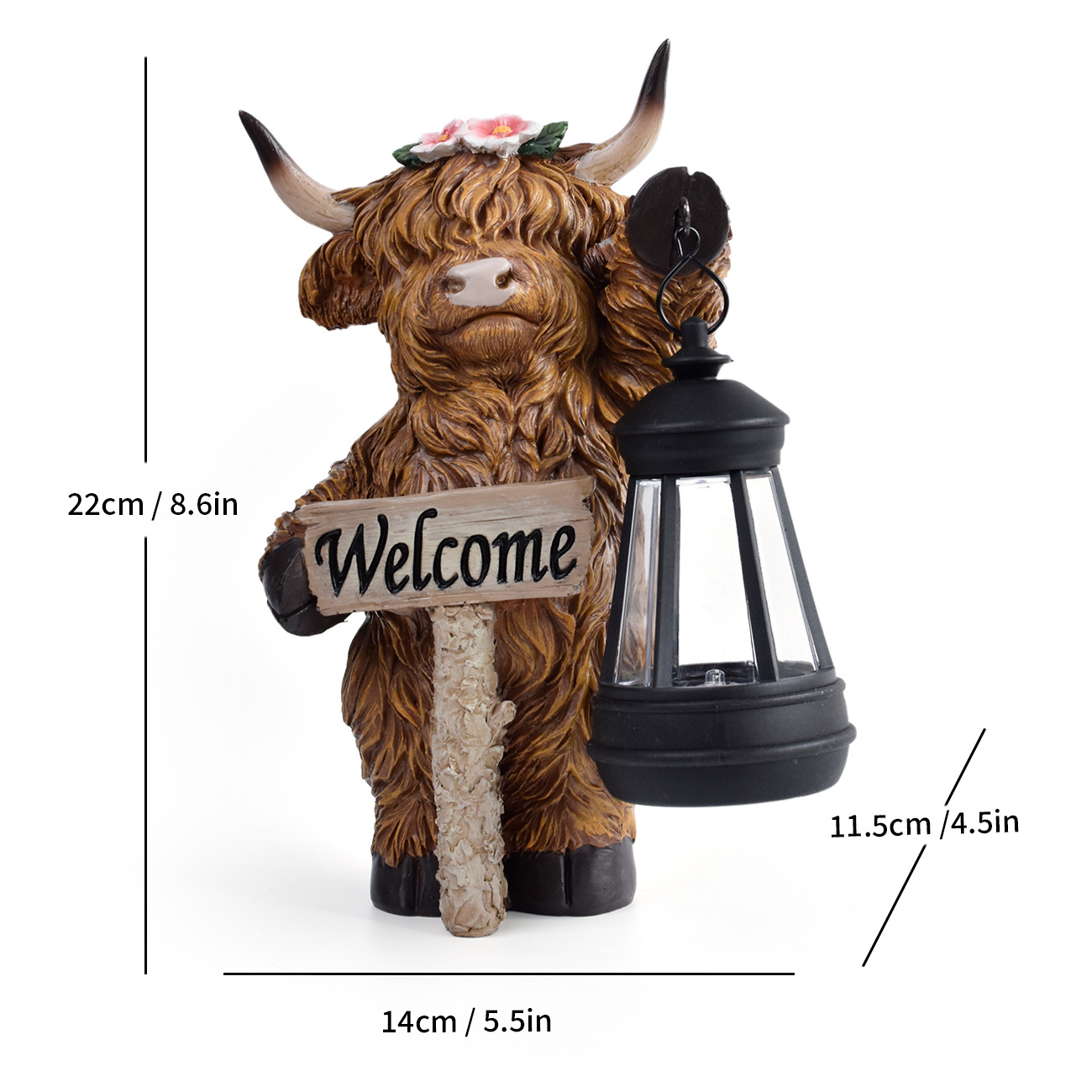 Scottish Fluffy Cow Solar Garden Lantern, Farmhouse Resin Sculpture with Amber LED, Weatherproof, Rustic Farm Decor Gift