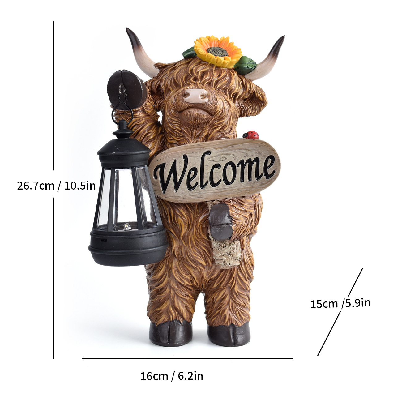 Scottish Fluffy Cow Solar Garden Lantern, Farmhouse Resin Sculpture with Amber LED, Weatherproof, Rustic Farm Decor Gift