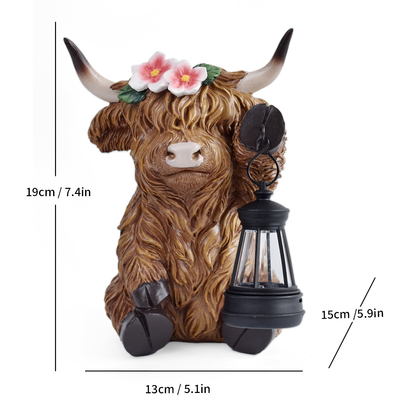 Scottish Fluffy Cow Solar Garden Lantern, Farmhouse Resin Sculpture with Amber LED, Weatherproof, Rustic Farm Decor Gift