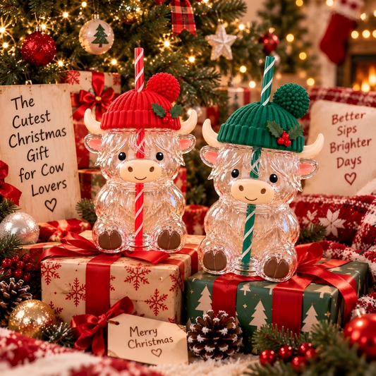 ❤️Highland Cow Christmas Glass Cup with Straw – Cute Holiday Tumbler Gift