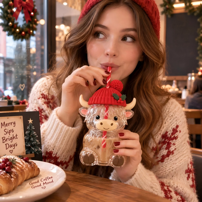 ❤️Highland Cow Christmas Glass Cup with Straw – Cute Holiday Tumbler Gift