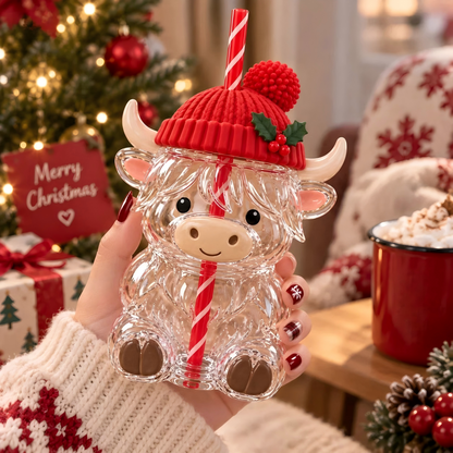 ❤️Highland Cow Christmas Glass Cup with Straw – Cute Holiday Tumbler Gift