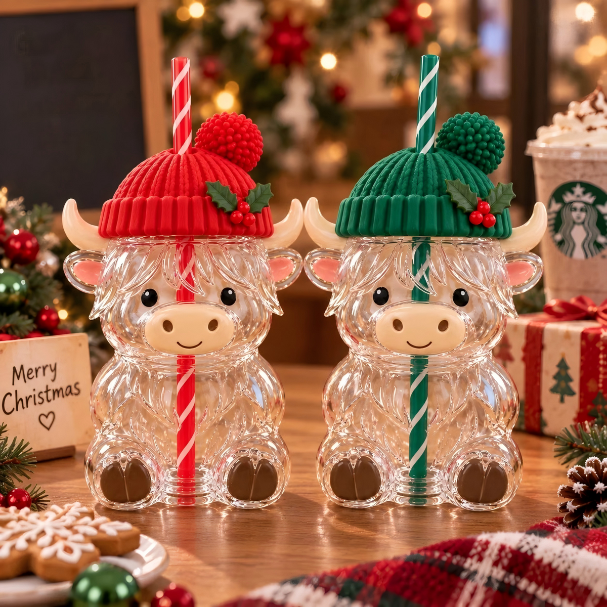 ❤️Highland Cow Christmas Glass Cup with Straw – Cute Holiday Tumbler Gift